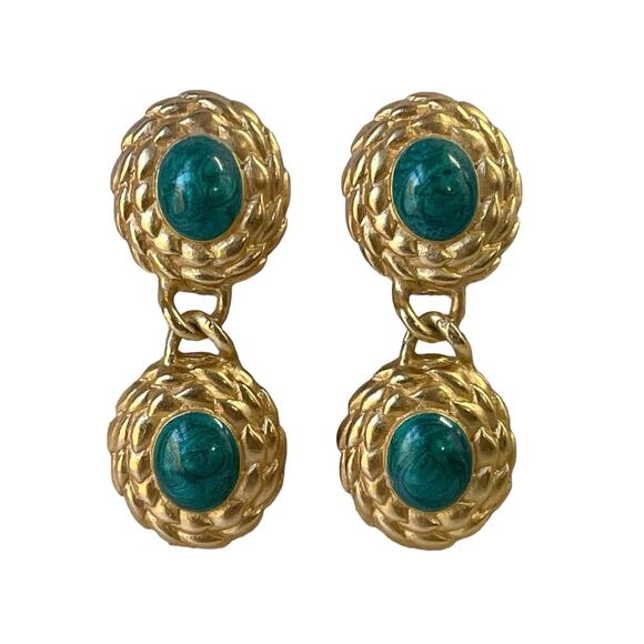 90s Liz Claiborne Satin Gold Plate Oval Teal Enamel Vintage Dangle Clip Earrings - Picture 1 of 3